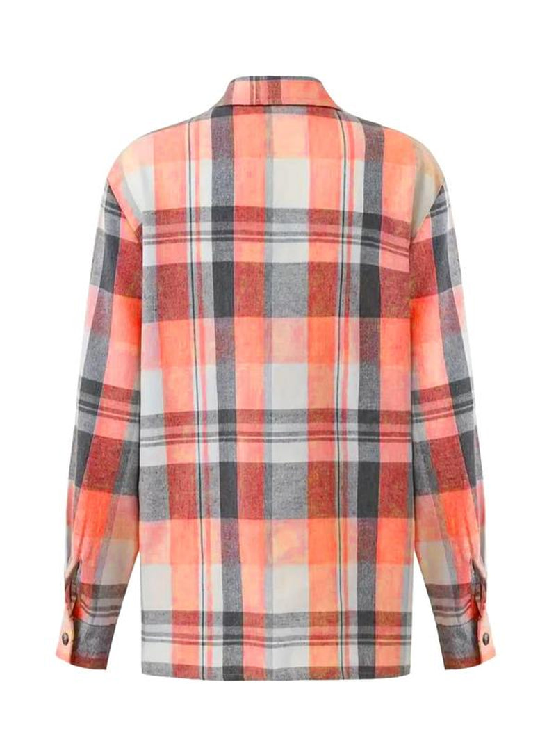 Women'S Plaid Print Button Front Drop Shoulder Collared Shirt for Spring & Fall, Comfort Casual Chic Minimalist Longsleeves Womenswear, Collar Pocket Top, Lady Blouse, Clothes for Women, Trending Clothing Women