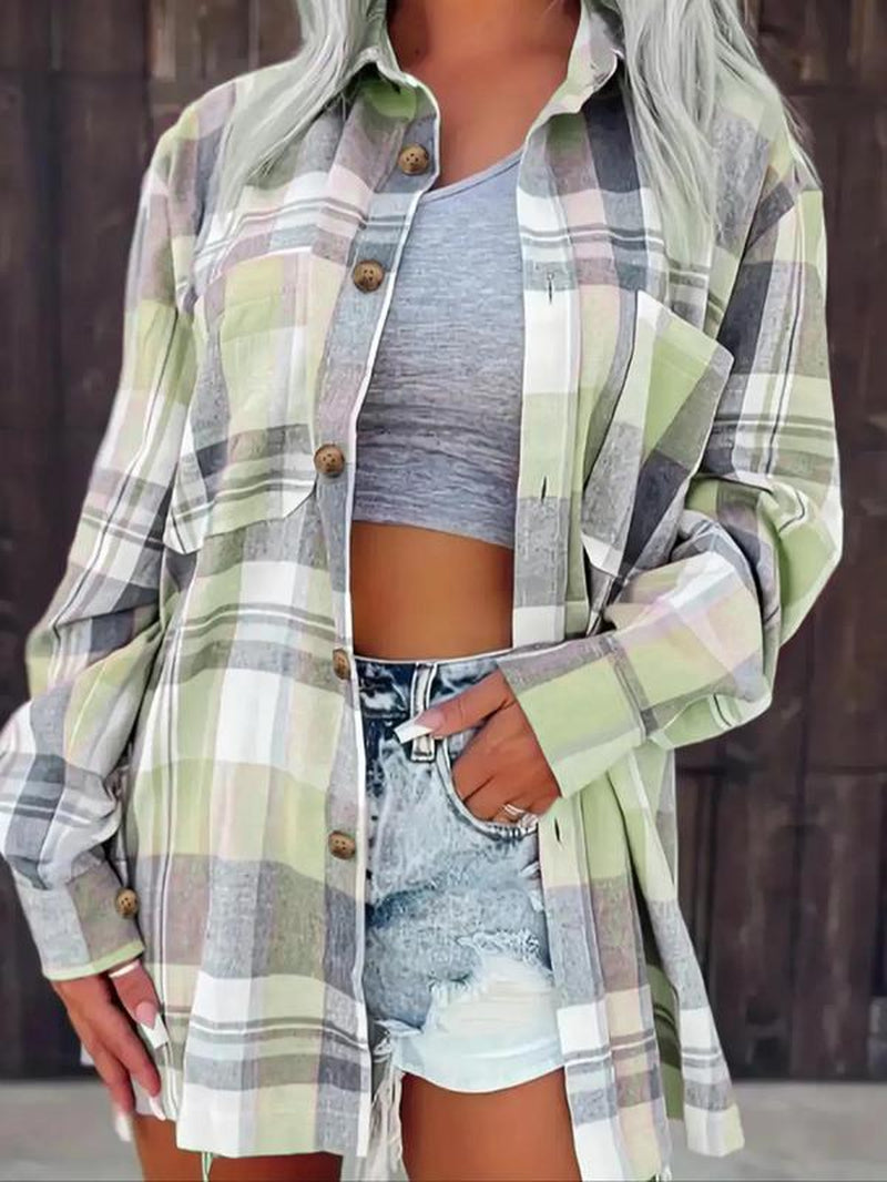 Women'S Plaid Print Button Front Drop Shoulder Collared Shirt for Spring & Fall, Comfort Casual Chic Minimalist Longsleeves Womenswear, Collar Pocket Top, Lady Blouse, Clothes for Women, Trending Clothing Women
