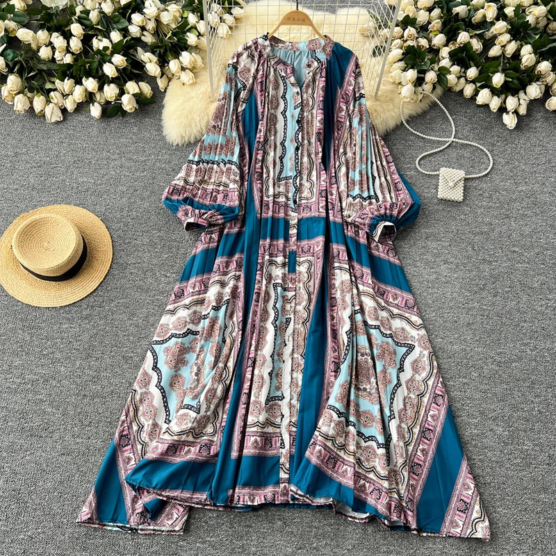 LY0052 New 2025 European Bohemian O-neck Print MIDI-Length Long Sleeve Dress Women Dresses Clothing Wholesale