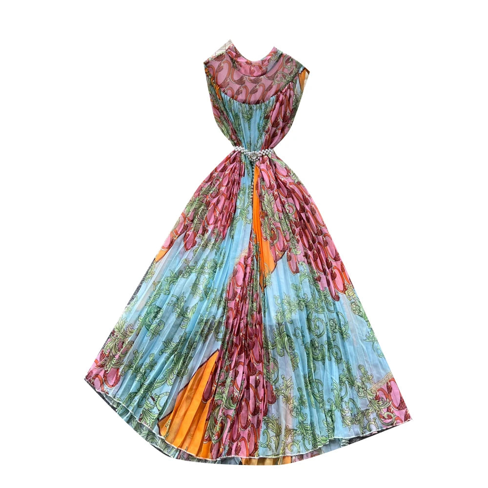2025 Summer Elegant Tunic Bandage Pleated Midi Dress For Women Empire Printed Shift Lace Dress