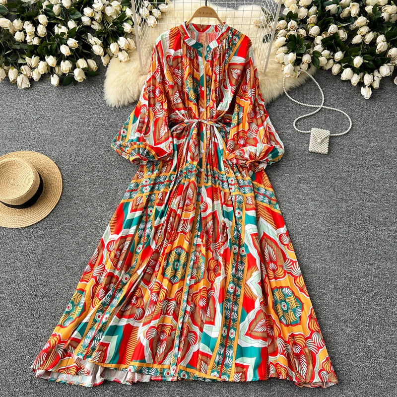 LY0052 New 2025 European Bohemian O-neck Print MIDI-Length Long Sleeve Dress Women Dresses Clothing Wholesale