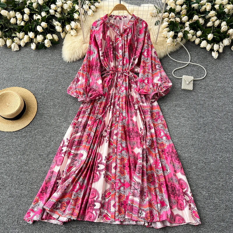 LY0052 New 2025 European Bohemian O-neck Print MIDI-Length Long Sleeve Dress Women Dresses Clothing Wholesale