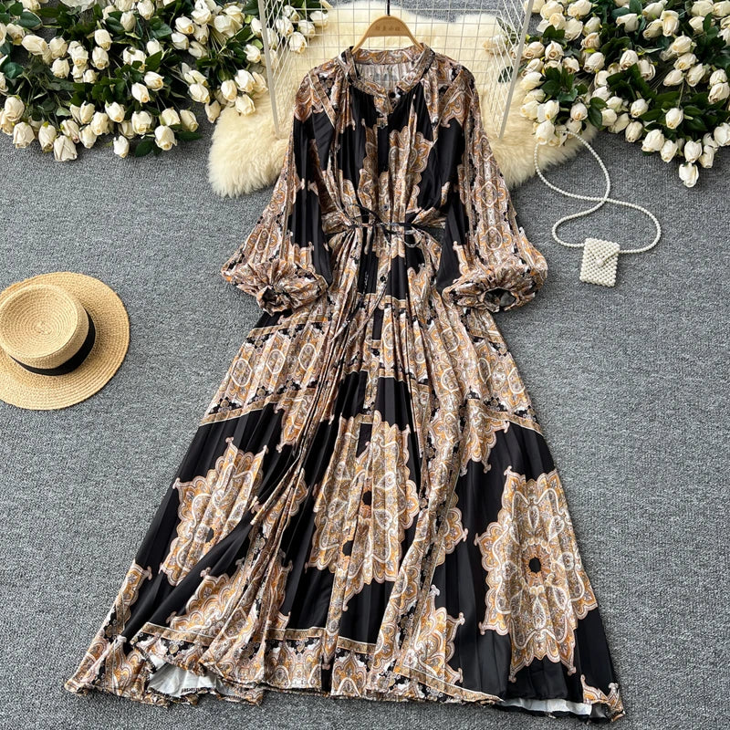 LY0052 New 2025 European Bohemian O-neck Print MIDI-Length Long Sleeve Dress Women Dresses Clothing Wholesale