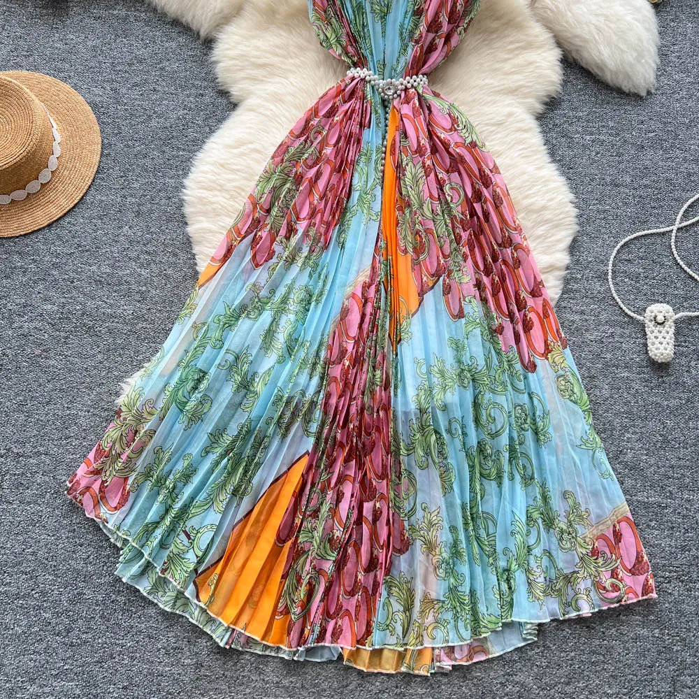 2025 Summer Elegant Tunic Bandage Pleated Midi Dress For Women Empire Printed Shift Lace Dress