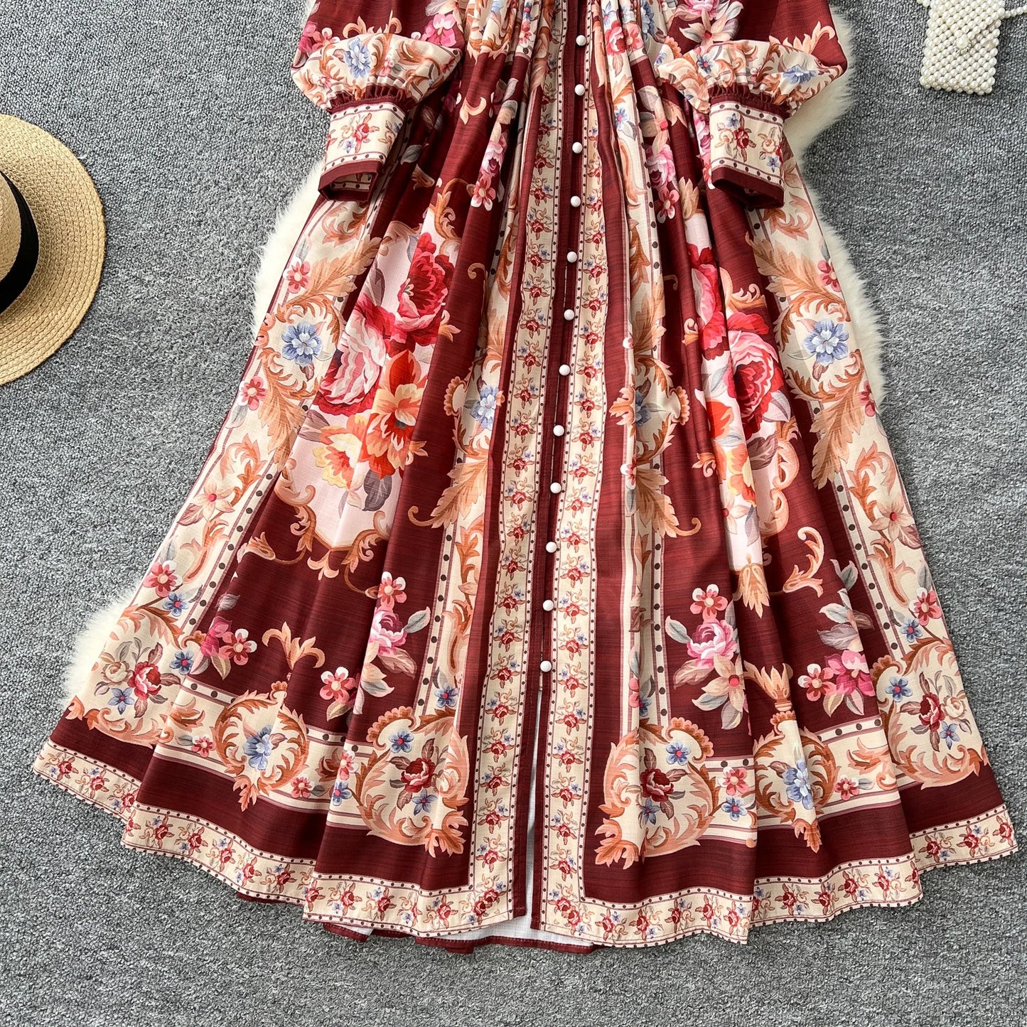 Elegant Vintage V-neck Single Breasted Long Sleeve Waist Print European and American Fashion PleatedL Long Dress