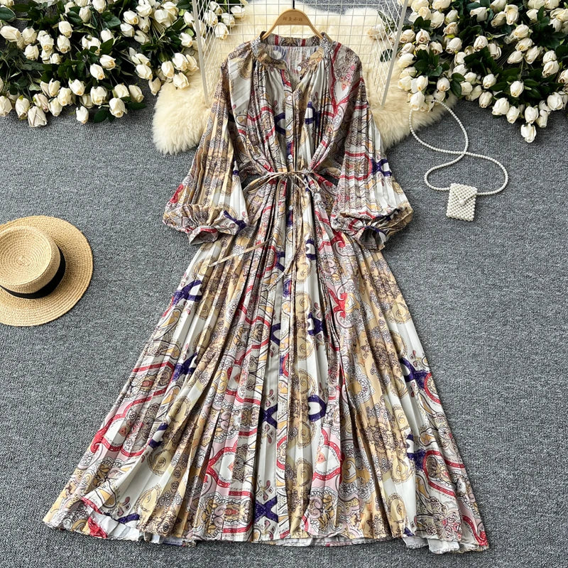 LY0052 New 2025 European Bohemian O-neck Print MIDI-Length Long Sleeve Dress Women Dresses Clothing Wholesale