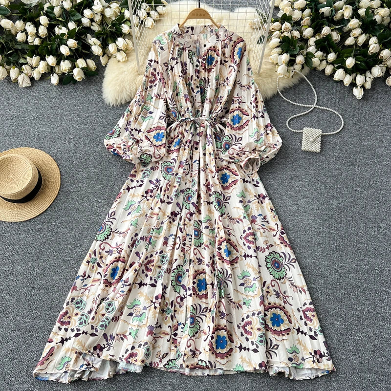 LY0052 New 2025 European Bohemian O-neck Print MIDI-Length Long Sleeve Dress Women Dresses Clothing Wholesale