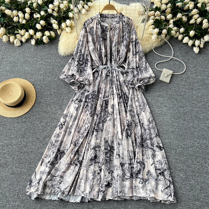 LY0052 New 2025 European Bohemian O-neck Print MIDI-Length Long Sleeve Dress Women Dresses Clothing Wholesale
