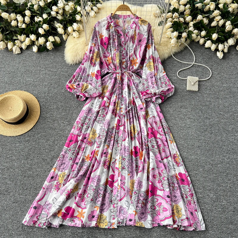 LY0052 New 2025 European Bohemian O-neck Print MIDI-Length Long Sleeve Dress Women Dresses Clothing Wholesale