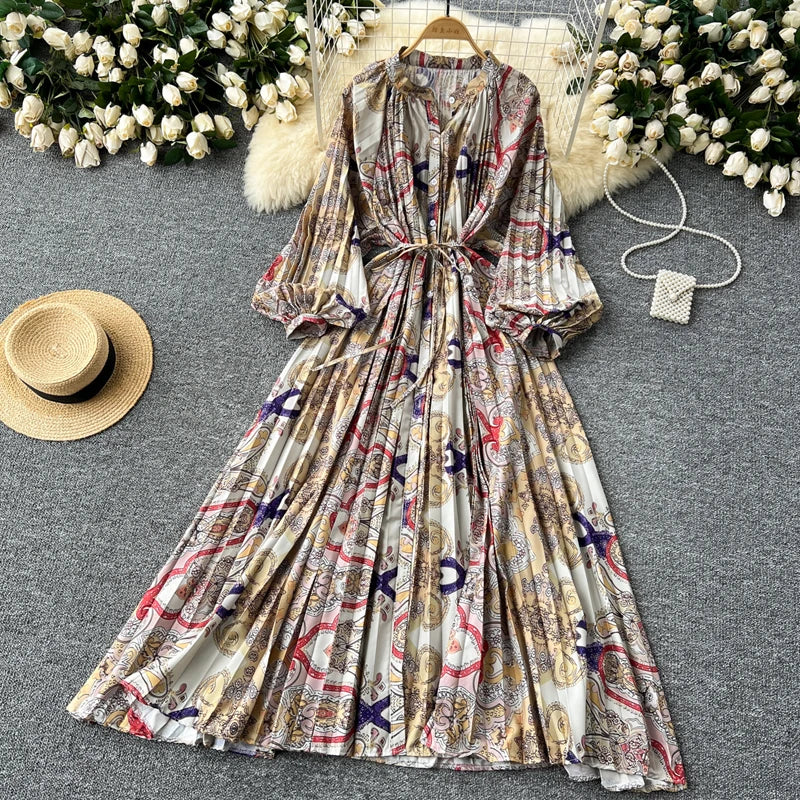 LY0052 New 2025 European Bohemian O-neck Print MIDI-Length Long Sleeve Dress Women Dresses Clothing Wholesale