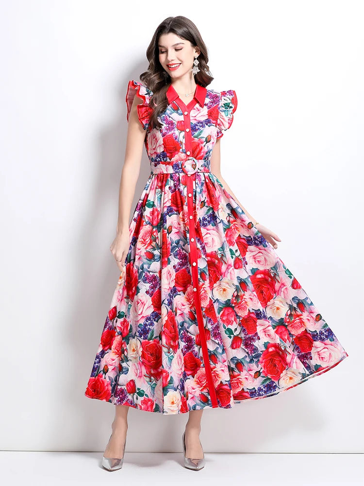 Summer Runway Gorgeous Bohemian Maxi Dress Women Clothing Flying Sleeve Single Breasted Floral Print Long Robe Party Vestidos