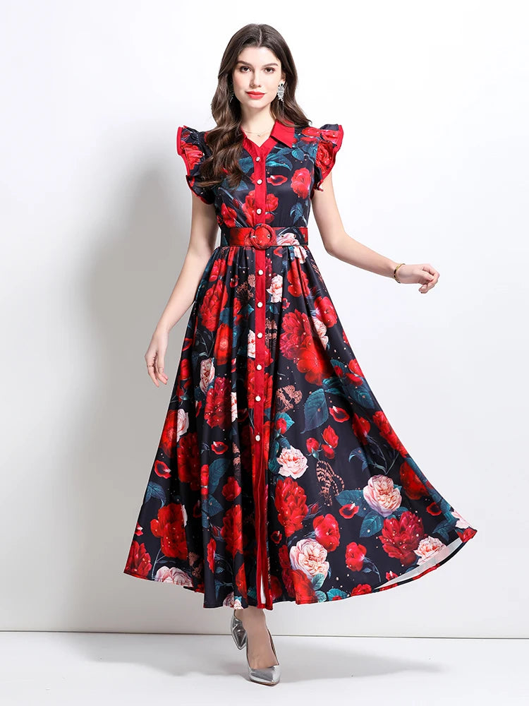 Summer Runway Gorgeous Bohemian Maxi Dress Women Clothing Flying Sleeve Single Breasted Floral Print Long Robe Party Vestidos