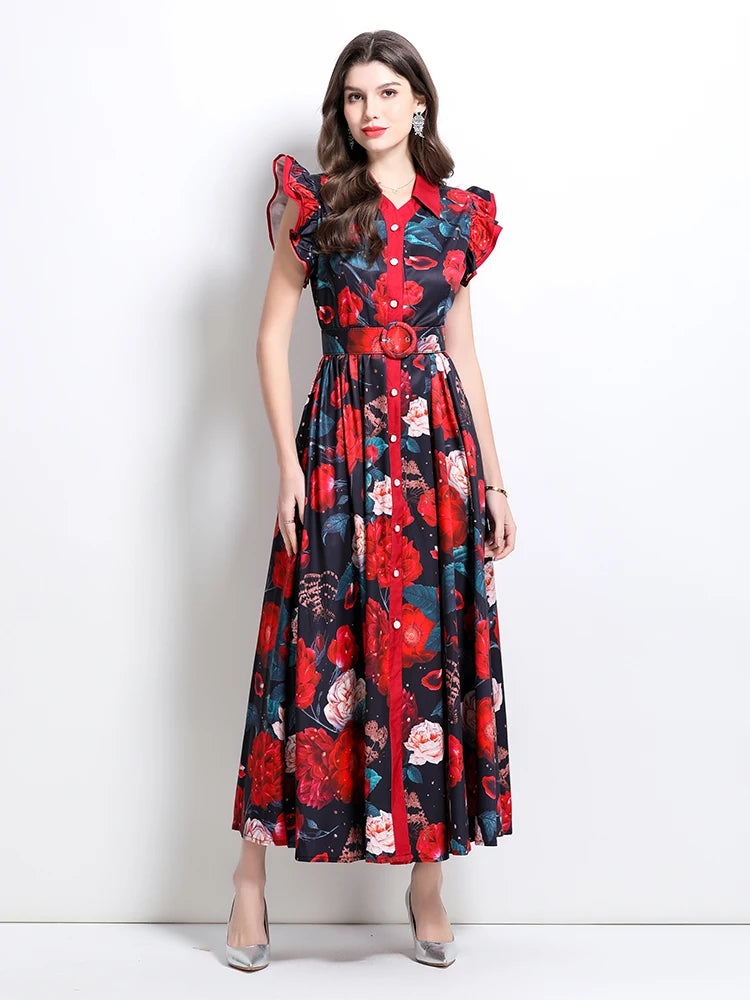 Summer Runway Gorgeous Bohemian Maxi Dress Women Clothing Flying Sleeve Single Breasted Floral Print Long Robe Party Vestidos