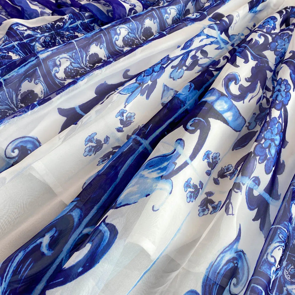 New Summer Bohemian Blue And White Porcelain Print Chiffon Dress Women Clothing O Neck Flare Sleeve Large Swing Maxi Vestidos