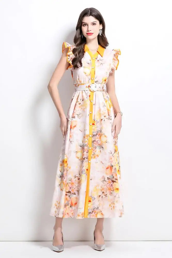 Summer Runway Gorgeous Bohemian Maxi Dress Women Clothing Flying Sleeve Single Breasted Floral Print Long Robe Party Vestidos