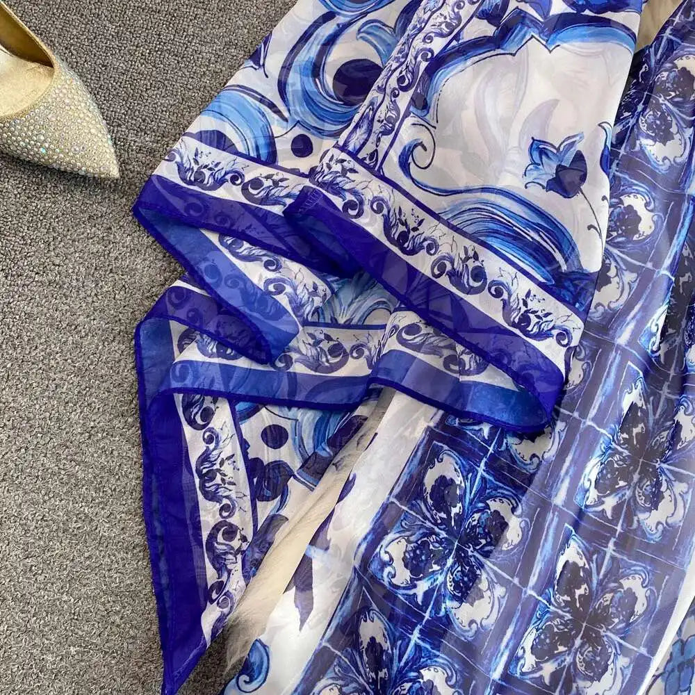 Women Maxi Chiffon Dress Summer Bohemian Rabbits Flower Porcelain Print Clothing Floor Length Flare Sleeve Long Vestidos