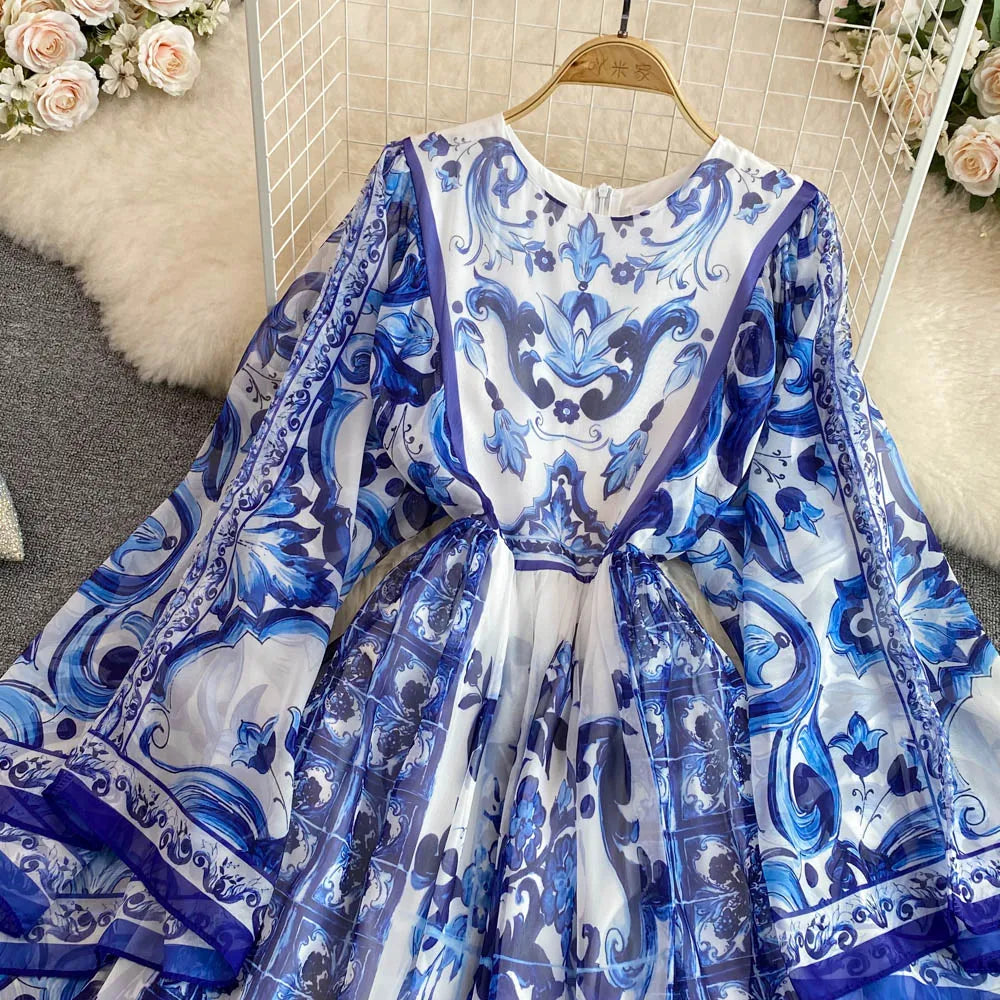 New Summer Bohemian Blue And White Porcelain Print Chiffon Dress Women Clothing O Neck Flare Sleeve Large Swing Maxi Vestidos