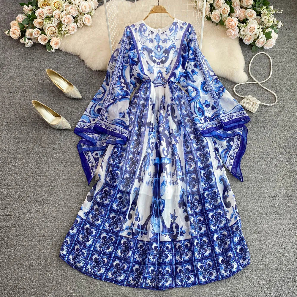 New Summer Bohemian Blue And White Porcelain Print Chiffon Dress Women Clothing O Neck Flare Sleeve Large Swing Maxi Vestidos