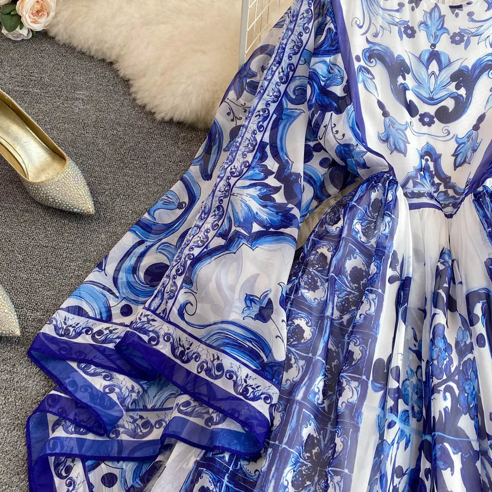 New Summer Bohemian Blue And White Porcelain Print Chiffon Dress Women Clothing O Neck Flare Sleeve Large Swing Maxi Vestidos