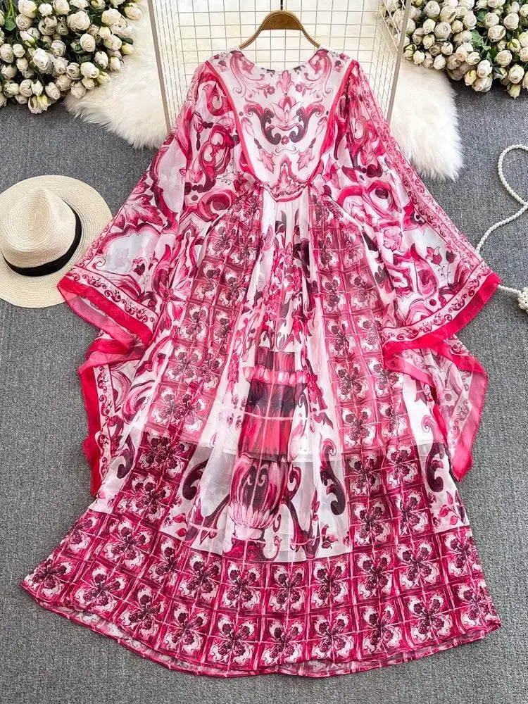 New Summer Bohemian Blue And White Porcelain Print Chiffon Dress Women Clothing O Neck Flare Sleeve Large Swing Maxi Vestidos