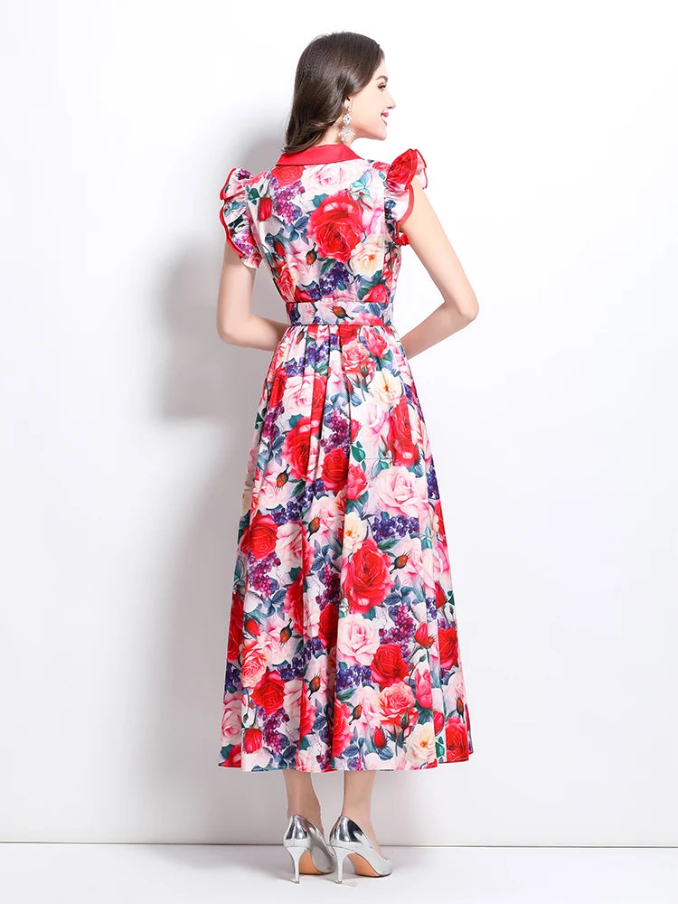 Summer Runway Gorgeous Bohemian Maxi Dress Women Clothing Flying Sleeve Single Breasted Floral Print Long Robe Party Vestidos
