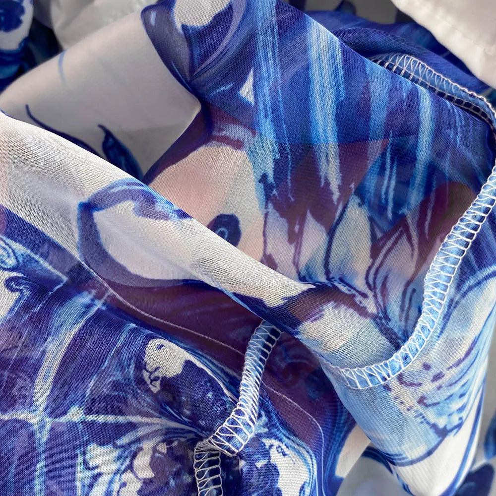 New Summer Bohemian Blue And White Porcelain Print Chiffon Dress Women Clothing O Neck Flare Sleeve Large Swing Maxi Vestidos