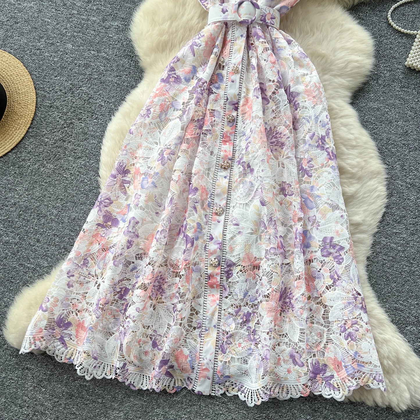 Vintage Hook flower hollow print button High Waist Dress Chic Summer Beach Vestidos Women Long dress women clothing