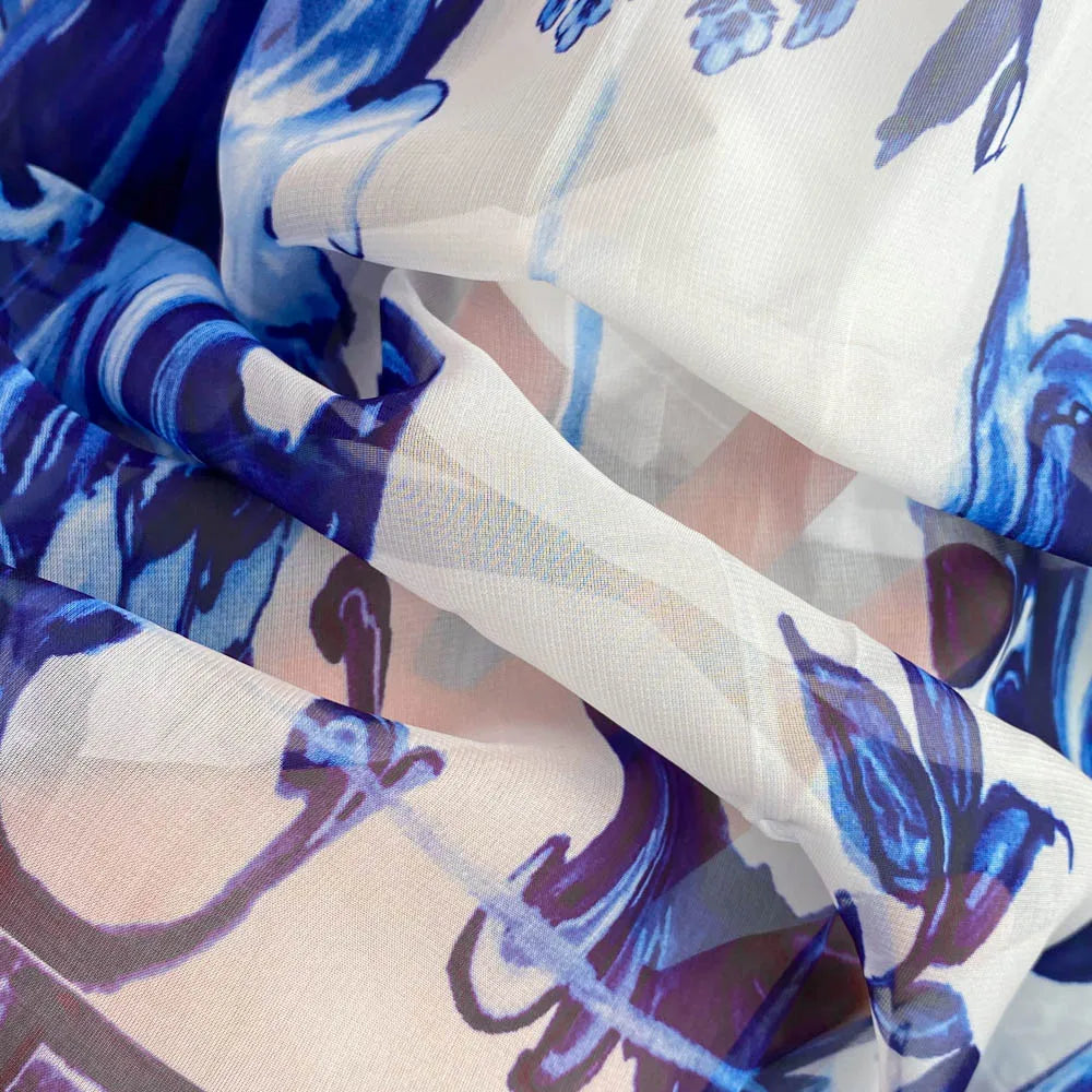 New Summer Bohemian Blue And White Porcelain Print Chiffon Dress Women Clothing O Neck Flare Sleeve Large Swing Maxi Vestidos