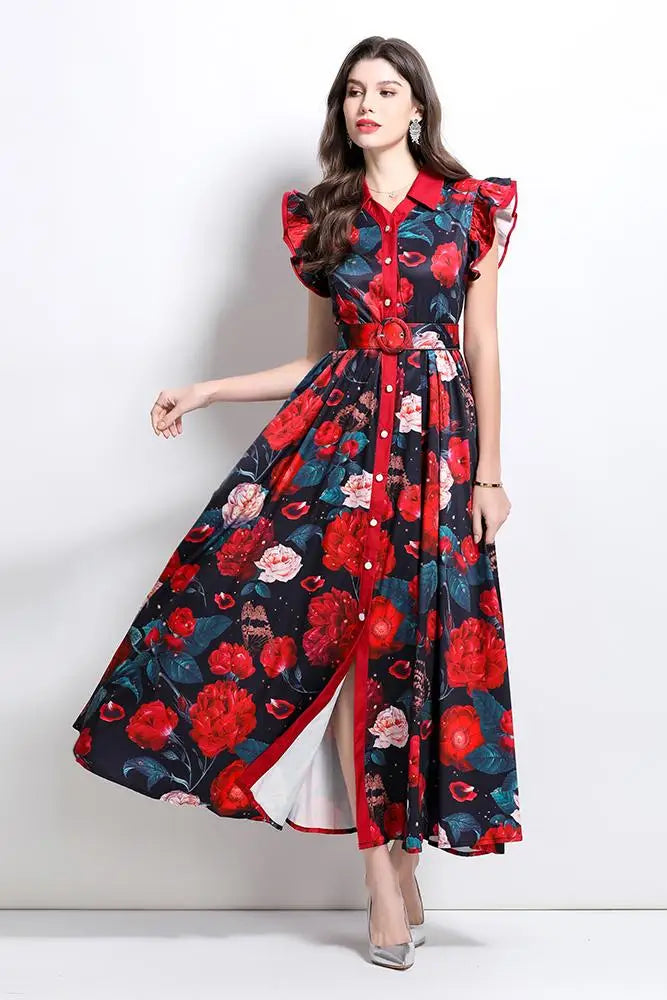 Summer Runway Gorgeous Bohemian Maxi Dress Women Clothing Flying Sleeve Single Breasted Floral Print Long Robe Party Vestidos