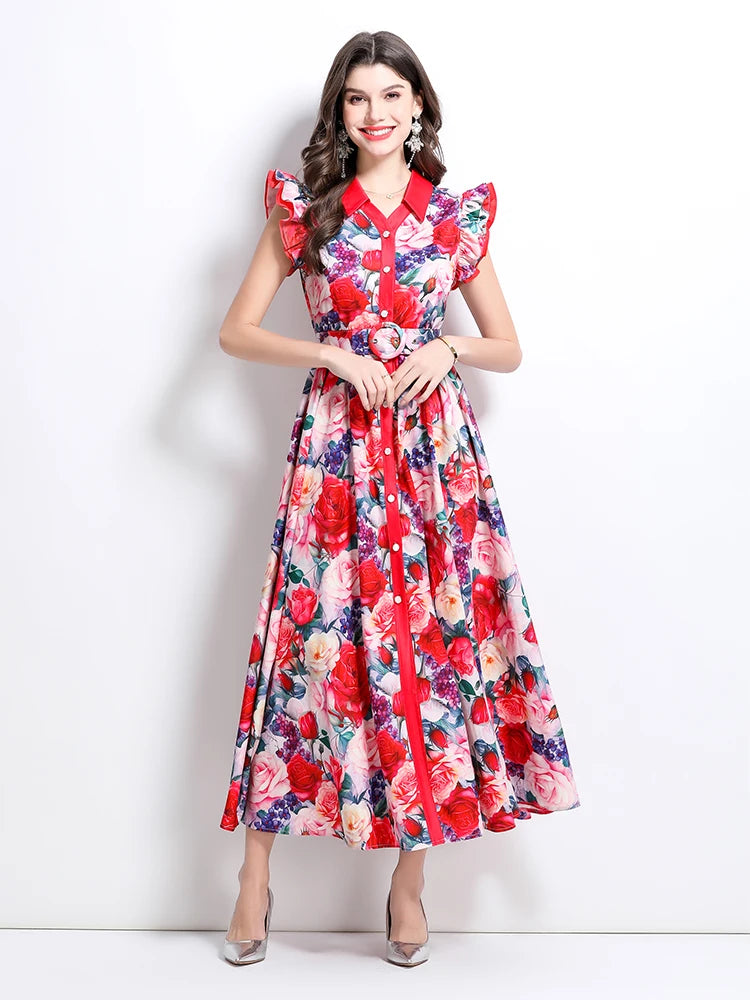Summer Runway Gorgeous Bohemian Maxi Dress Women Clothing Flying Sleeve Single Breasted Floral Print Long Robe Party Vestidos