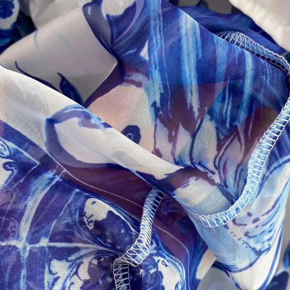 Women Maxi Chiffon Dress Summer Bohemian Rabbits Flower Porcelain Print Clothing Floor Length Flare Sleeve Long Vestidos