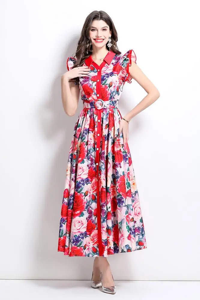 Summer Runway Gorgeous Bohemian Maxi Dress Women Clothing Flying Sleeve Single Breasted Floral Print Long Robe Party Vestidos