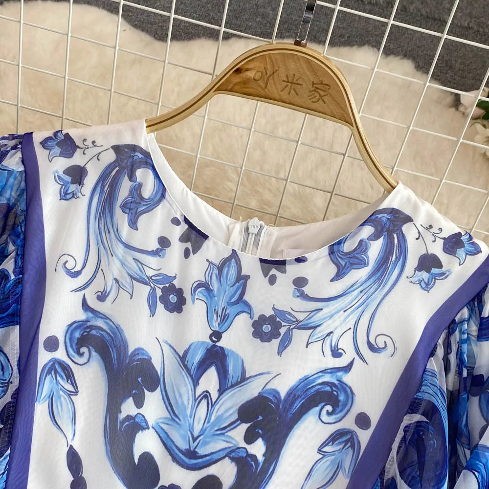 New Summer Bohemian Blue And White Porcelain Print Chiffon Dress Women Clothing O Neck Flare Sleeve Large Swing Maxi Vestidos