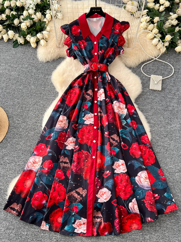 Summer Runway Gorgeous Bohemian Maxi Dress Women Clothing Flying Sleeve Single Breasted Floral Print Long Robe Party Vestidos