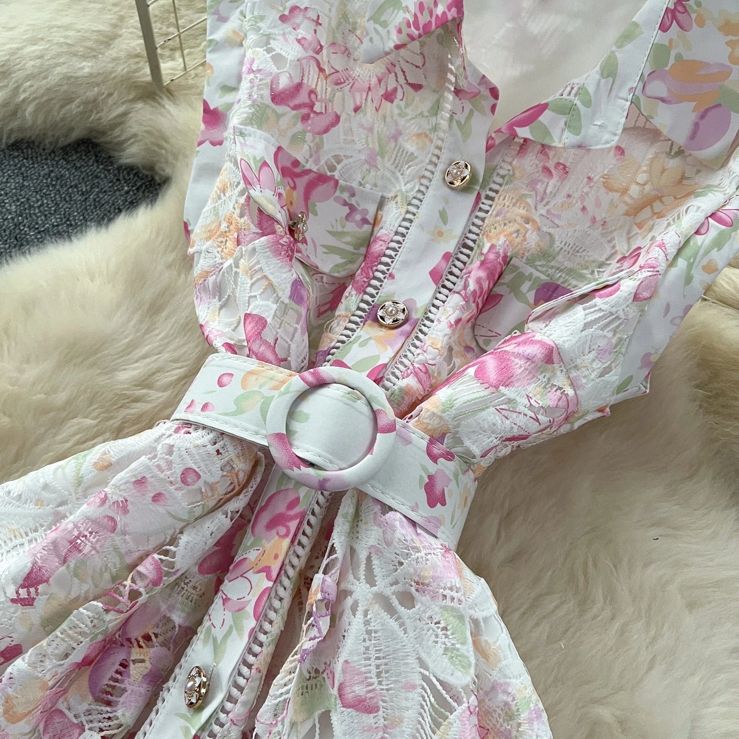Vintage Hook flower hollow print button High Waist Dress Chic Summer Beach Vestidos Women Long dress women clothing
