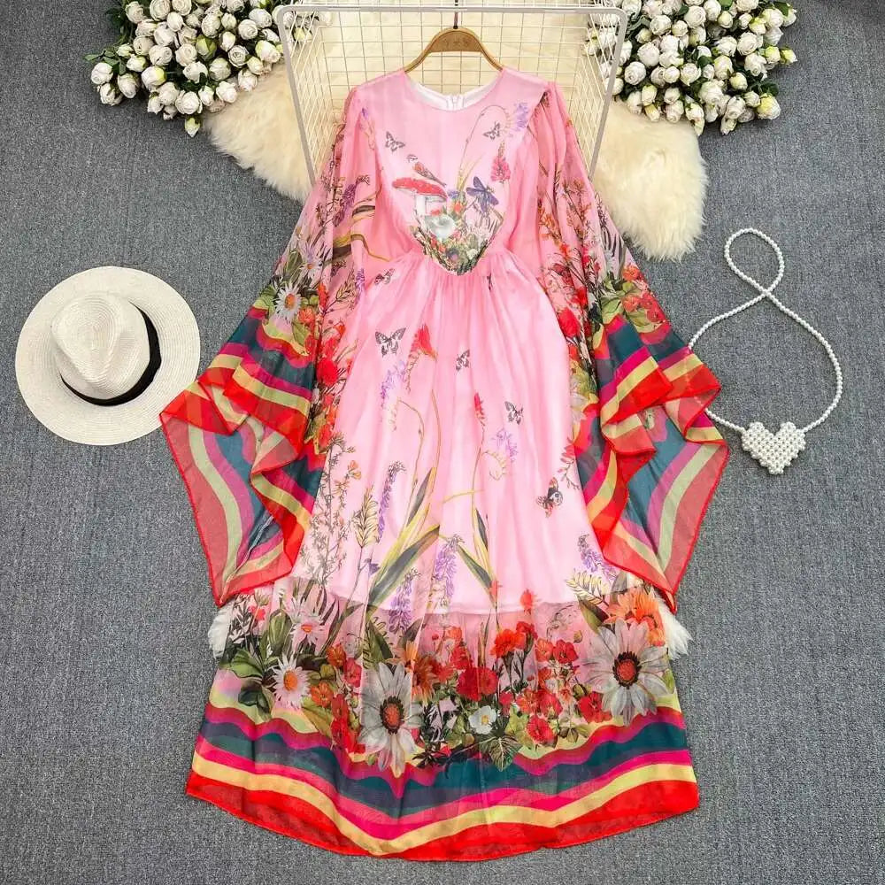 Women Maxi Chiffon Dress Summer Bohemian Rabbits Flower Porcelain Print Clothing Floor Length Flare Sleeve Long Vestidos