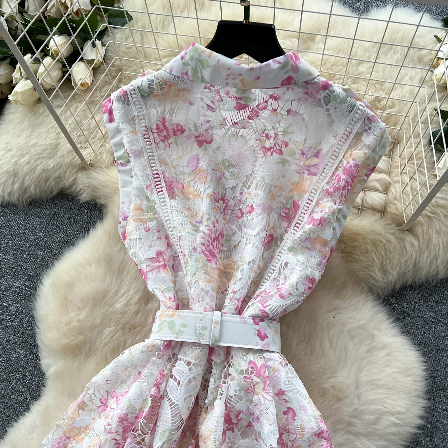 Vintage Hook flower hollow print button High Waist Dress Chic Summer Beach Vestidos Women Long dress women clothing