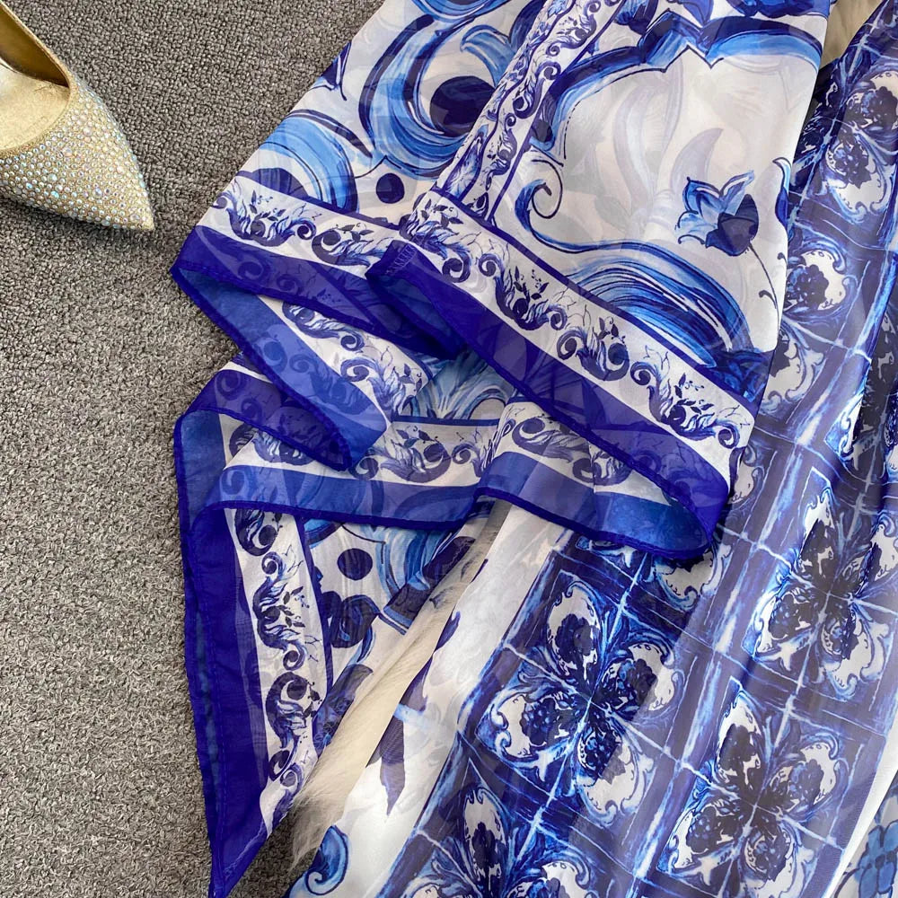 New Summer Bohemian Blue And White Porcelain Print Chiffon Dress Women Clothing O Neck Flare Sleeve Large Swing Maxi Vestidos