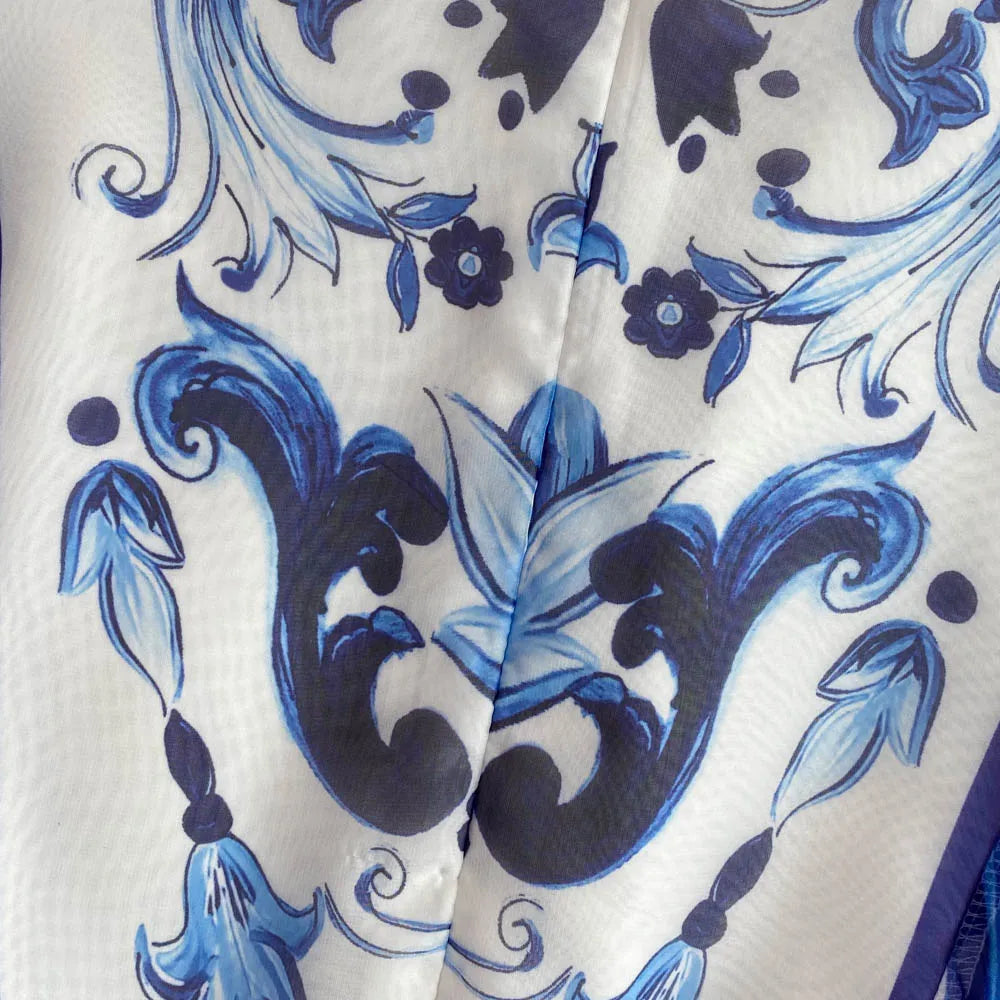 New Summer Bohemian Blue And White Porcelain Print Chiffon Dress Women Clothing O Neck Flare Sleeve Large Swing Maxi Vestidos