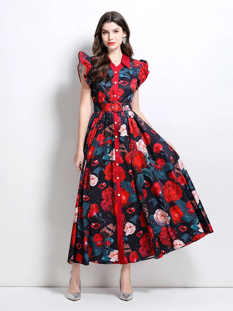 Summer Runway Gorgeous Bohemian Maxi Dress Women Clothing Flying Sleeve Single Breasted Floral Print Long Robe Party Vestidos