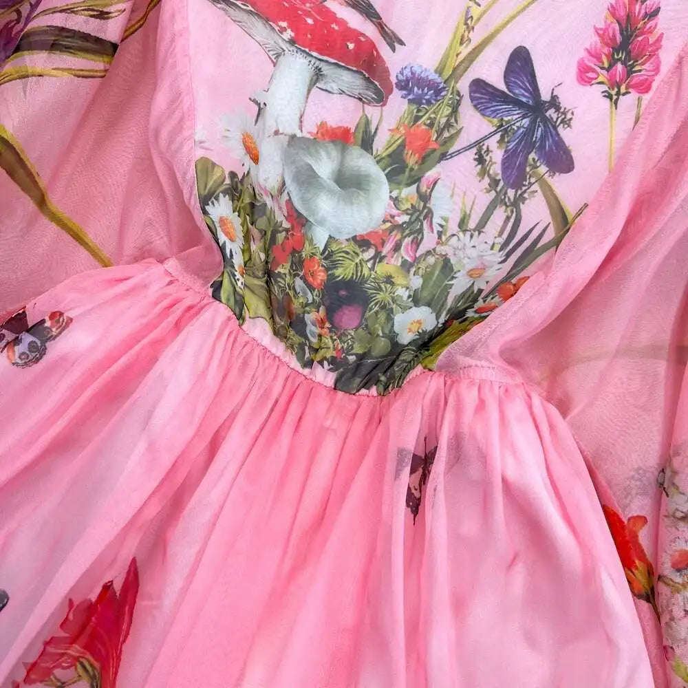 Women Maxi Chiffon Dress Summer Bohemian Rabbits Flower Porcelain Print Clothing Floor Length Flare Sleeve Long Vestidos