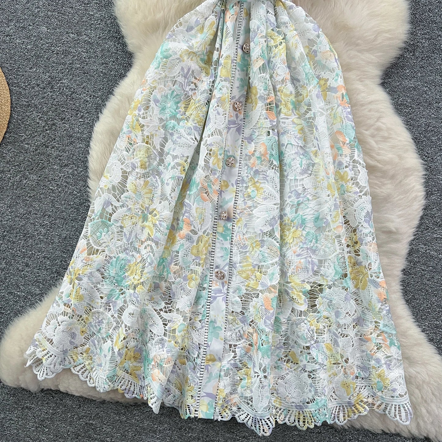 Vintage Hook flower hollow print button High Waist Dress Chic Summer Beach Vestidos Women Long dress women clothing