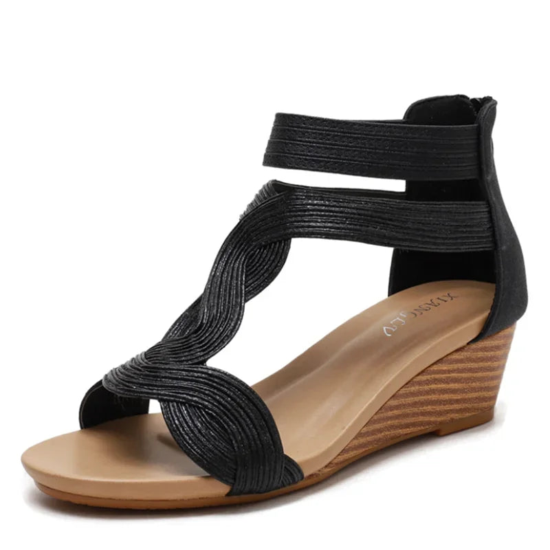 Summer Sandals Women Wedges Shoes Soft Leather T Strap Zipper Open Cover Heel Design Ladies Shoes Female Large plus Size