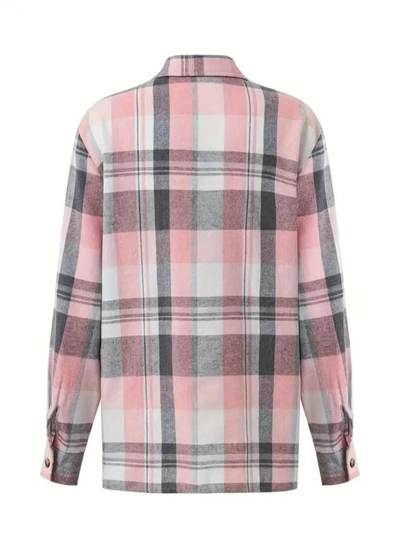Women'S Plaid Print Button Front Drop Shoulder Collared Shirt for Spring & Fall, Comfort Casual Chic Minimalist Longsleeves Womenswear, Collar Pocket Top, Lady Blouse, Clothes for Women, Trending Clothing Women