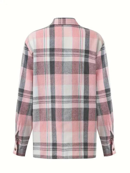 Women'S Plaid Print Button Front Drop Shoulder Collared Shirt for Spring & Fall, Comfort Casual Chic Minimalist Longsleeves Womenswear, Collar Pocket Top, Lady Blouse, Clothes for Women, Trending Clothing Women