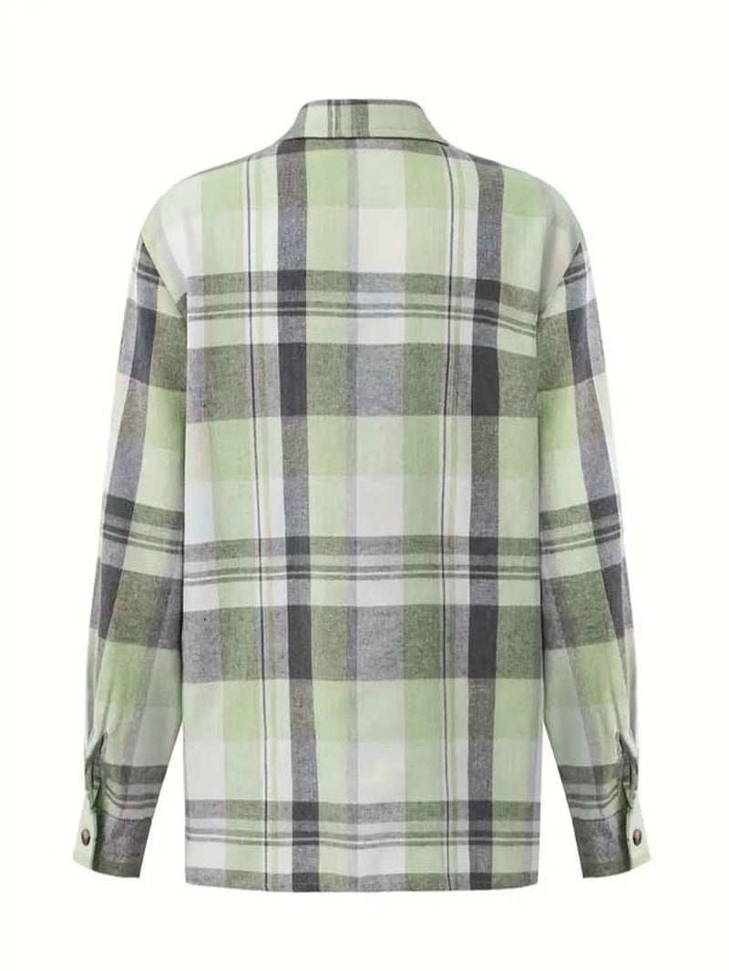 Women'S Plaid Print Button Front Drop Shoulder Collared Shirt for Spring & Fall, Comfort Casual Chic Minimalist Longsleeves Womenswear, Collar Pocket Top, Lady Blouse, Clothes for Women, Trending Clothing Women