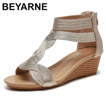 Summer Sandals Women Wedges Shoes Soft Leather T Strap Zipper Open Cover Heel Design Ladies Shoes Female Large plus Size