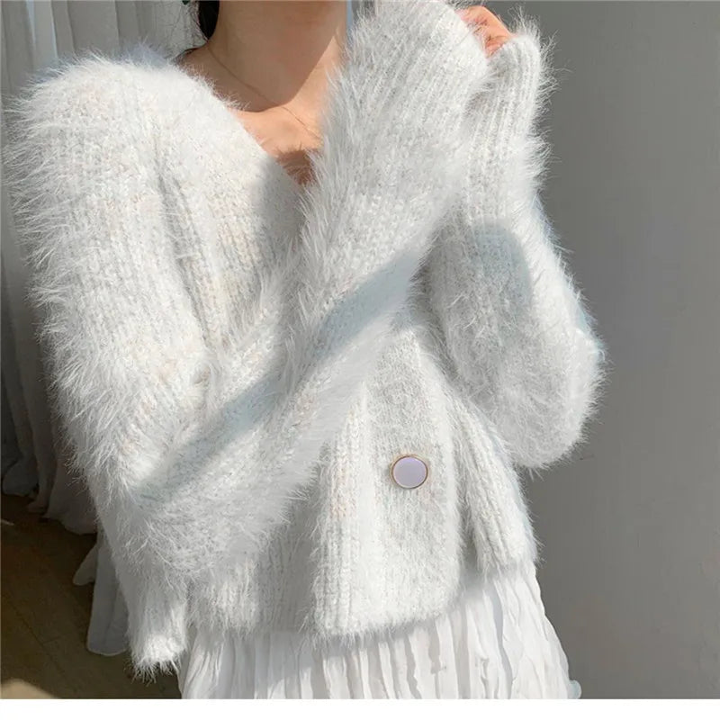 2023 Autumn New Mink Fleece Jacket Knit Sweater Wool Outer Wear Purple Sweater Cardigan Women Short Style