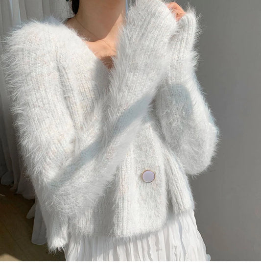 2023 Autumn New Mink Fleece Jacket Knit Sweater Wool Outer Wear Purple Sweater Cardigan Women Short Style