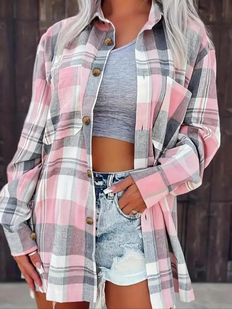 Women'S Plaid Print Button Front Drop Shoulder Collared Shirt for Spring & Fall, Comfort Casual Chic Minimalist Longsleeves Womenswear, Collar Pocket Top, Lady Blouse, Clothes for Women, Trending Clothing Women